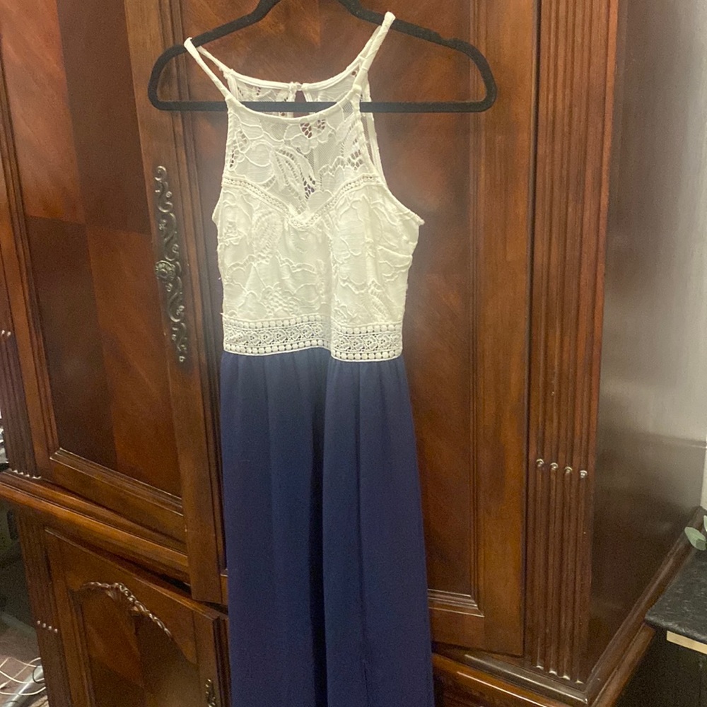 XS spaghetti strapped long formal dress dark blue white laced top